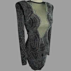 NWT SEXY black embellished midi length sheer cocktail party dress size s/m.